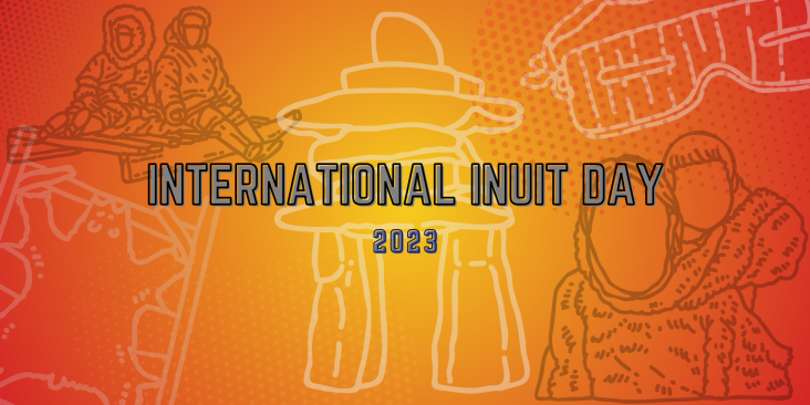 "International Inuit Day 2023" in grey writing on an orange and yellow background with pictures